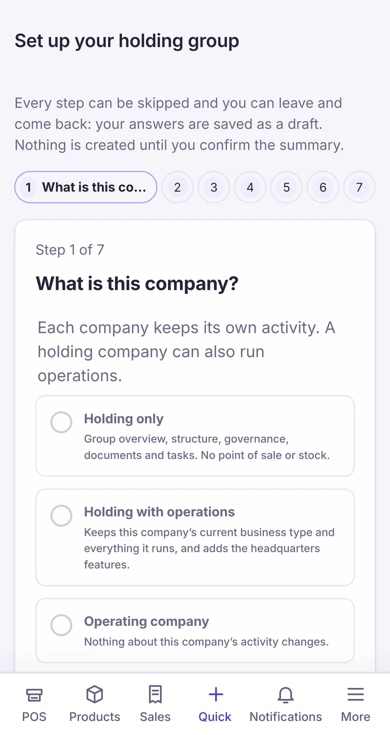 Step 1 of 7 of “Set up your holding group” on a phone: choose Holding only, Holding with operations or Operating company.